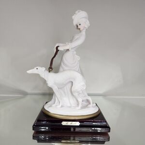 Made In Italy Victorian Women with Borzoi Dog On Wood Base Signed By B. Merli